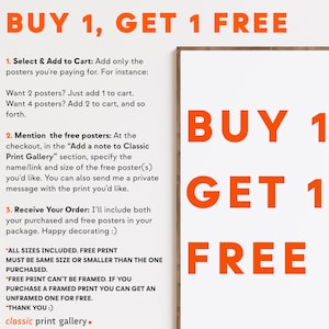 a white poster with orange text that says buy 1 get 1 free