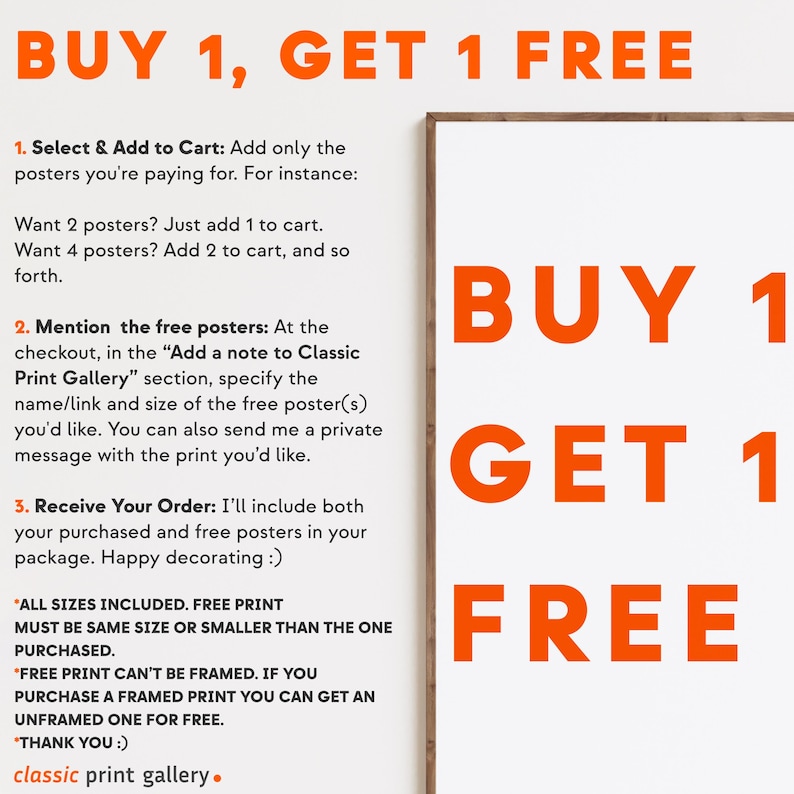 a white poster with orange text that says buy 1 get 1 free