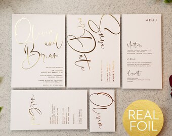 Modern Calligraphy Gold Foil Wedding Invite - Wedding Invitation Set, Modern Calligraphy Wedding Invitation Suite W24