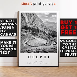 Delphi Poster Black and White Print, Delphi Wall Art, Delphi Travel Poster Photo, Delphi Map, Greece Poster, Ancient Greece, 3362