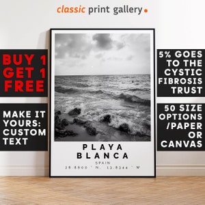 Playa Blanca Print,Playa Blanca Wall Art,Playa Blanca Black and White Poster,Personalized Birthday Beach Travel Gift Coastal Spain 14685a