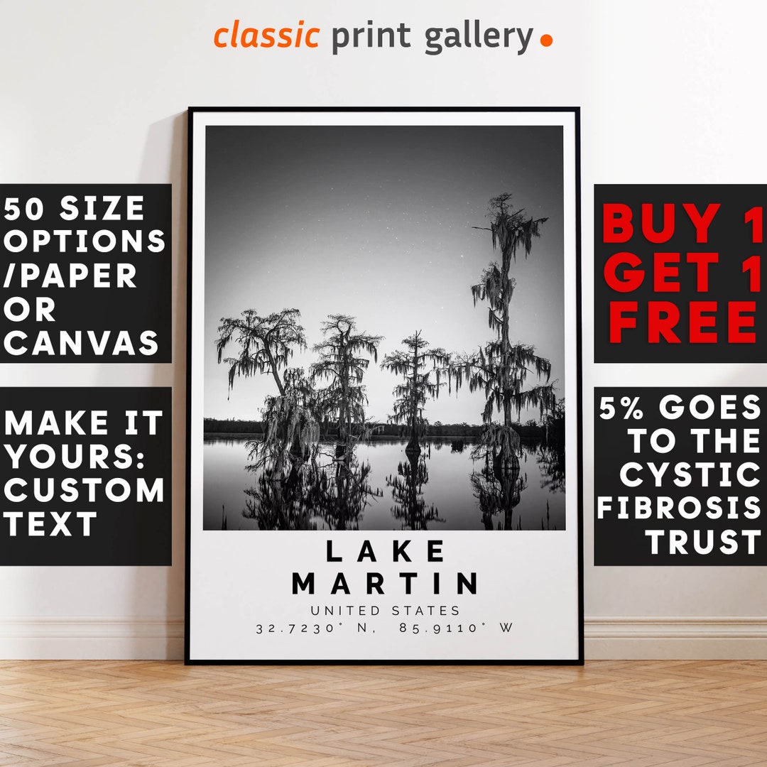 Lake Martin Poster Black and White Print, Lake Martin Wall Art, Lake