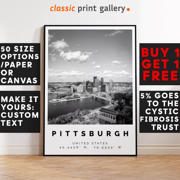 Pittsburgh Poster,Pittsburgh Print,Pittsburgh Black and White Photographic Art, Wedding gift, Coordinates Poster, Travel Gift, 4384