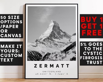 Zermatt Poster Black and White Print, Zermatt Wall Art, Zermatt Travel Photo, Zermatt Map, Switzerland Poster, Switzerland Print, 3831