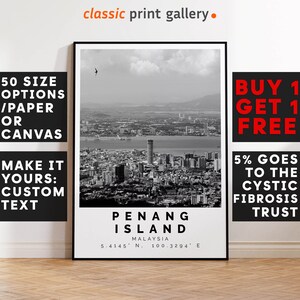 Penang Island Poster Black and White Print, Penang Island Wall Art, Penang Island Travel Photo, Penang Island Map, Malaysia Poster, 4423