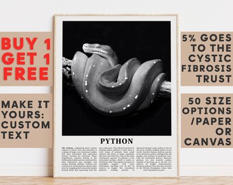 Python Print, Python Wall Art Poster, Black White Classroom Teacher Gift Present Kids Room Nursery Photography Artwork Biology Art 14777a