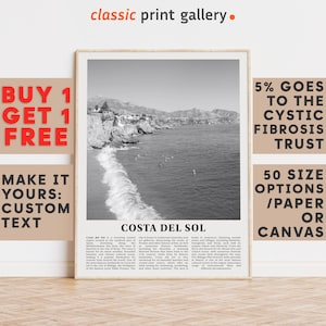 Costa del Sol Print, Costa del Sol Wall Art, Costa del Sol Black and White Poster, Personalized Birthday Travel Gift Present Spain 11624a