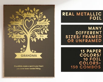 Personalized Family Tree For Grandma, Grandparents In Gold Foil | Poster | Gold Foil | Gift For Grandma | Gift For Nanny F435