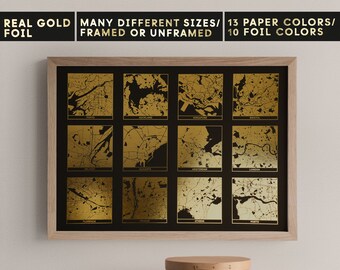 Twelve Square Metallic Foil Map Print, Luxurious Home or Office Decor,Travel Art in Gold Foil, Custom Copper Silver Rose Gold Foil Map F27