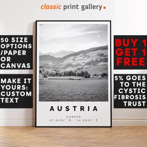 Austria Poster Black and White Print, Austria Wall Art, Austria Travel Photo, Austria Map, 4610b