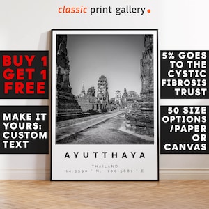Ayutthaya Print,Ayutthaya Wall Art,Ayutthaya Black and White Poster,Personalized Birthday Travel Gift Present Artwork Thailand 15038a