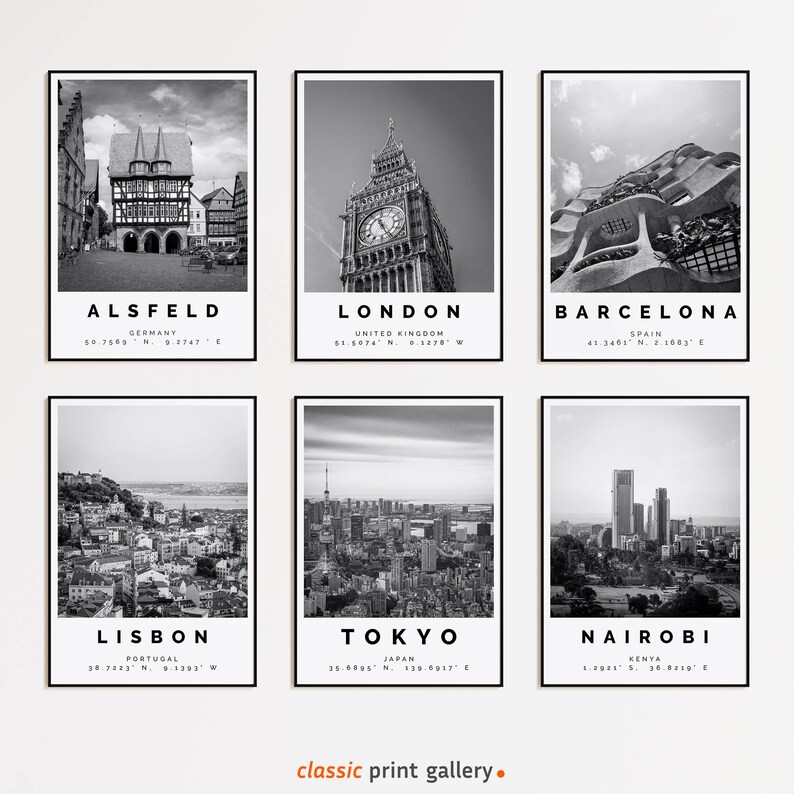 four black and white photographs of different cities