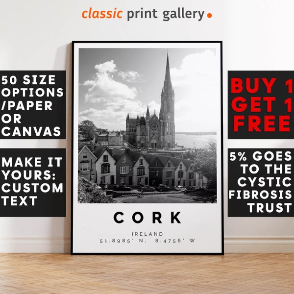 Cork County Poster Black and White Print, Cork County Wall Art, Cork County Travel Poster Photo, Cork County Map, Ireland Poster, 3311