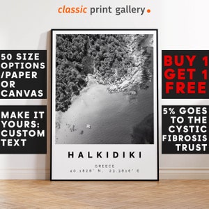 Halkidiki Poster Black and White Print, Halkidiki Wall Art, Halkidiki Travel Photo, Halkidiki Map, Greece Poster, Greece Print, 3528