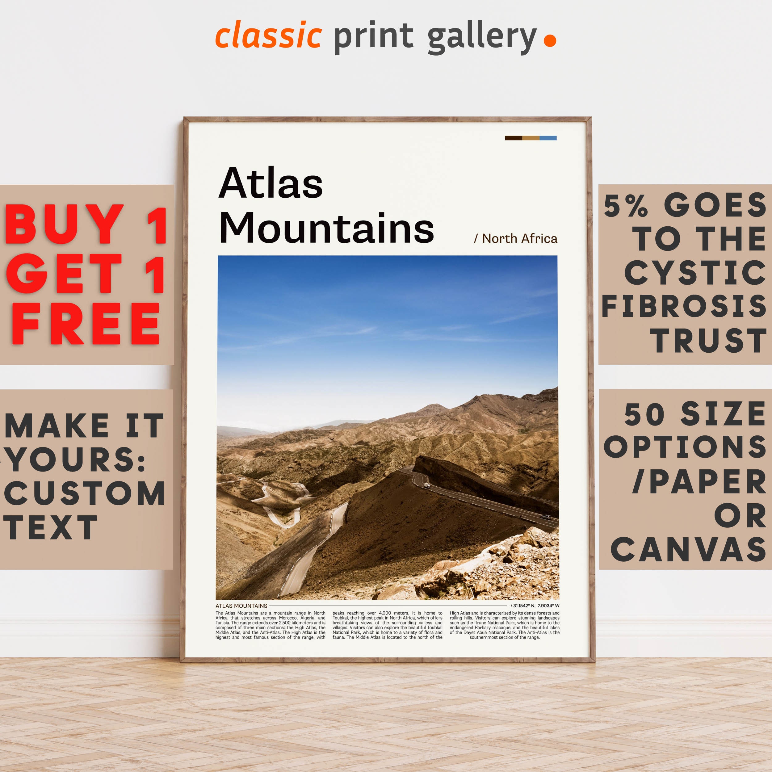 Atlas Mountains Print, Atlas Mountains Wall Art, Atlas Mountains Color Poster With Text, Personalized Birthday Travel Gift ,Morocco 11454b