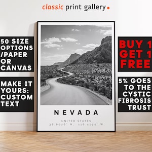 Nevada Poster Black and White Print, Nevada Wall Art, Nevada Travel Photo, Nevada Map, Nature Poster, State Print, 4545b