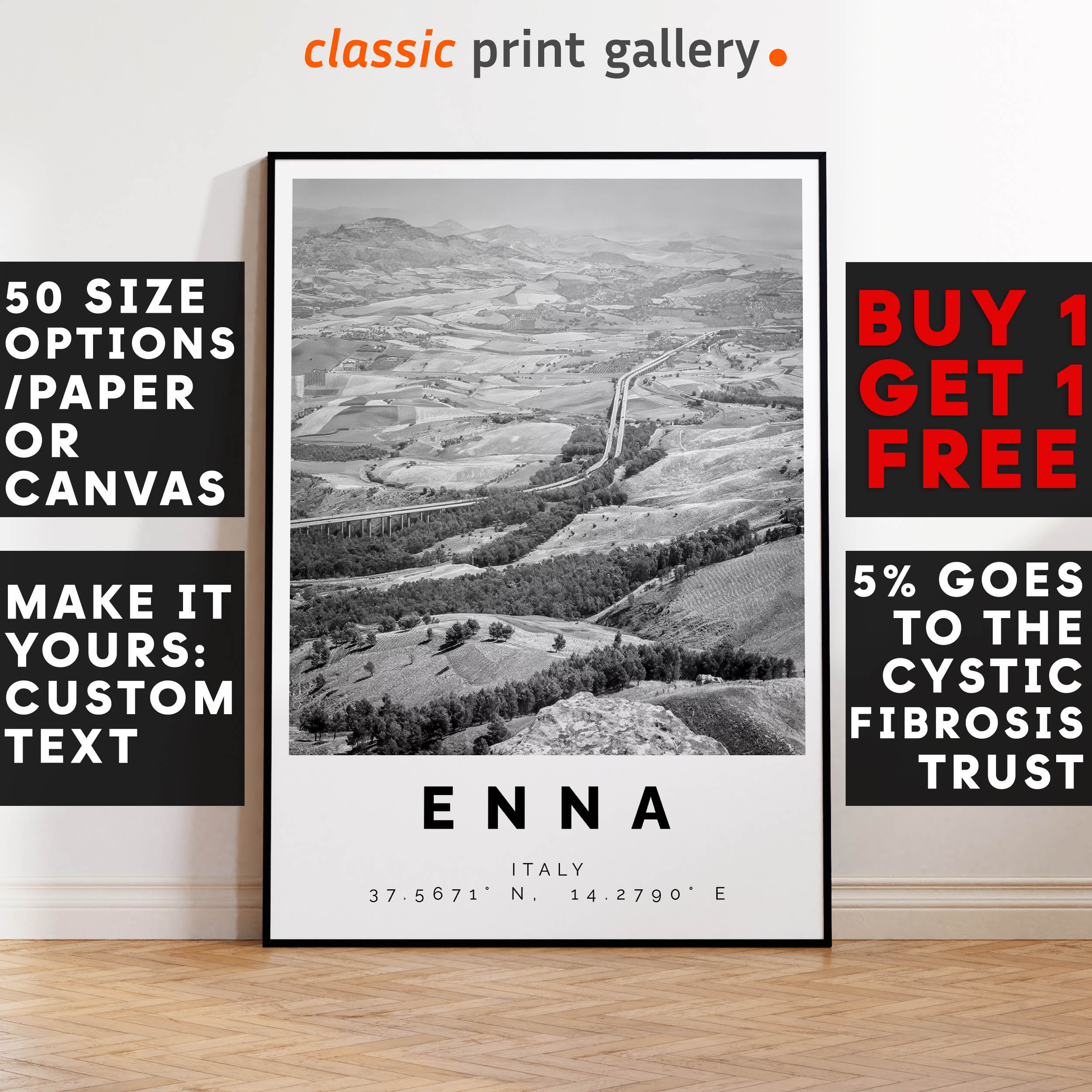 Enna Poster Black and White Print, Enna Wall Art, Enna Photo Print, Enna Gift Travel Decor,Italy,6835