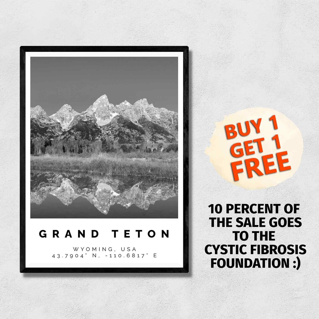 Grand Teton Poster Black and White Print Grand Teton Wall - Etsy