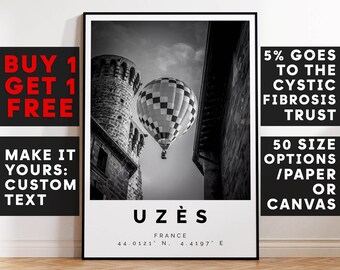 Uzès Print,Uzès Wall Art,Uzès Black and White Poster,Personalized Birthday Travel Gift Present Photography Artwork France 13041a