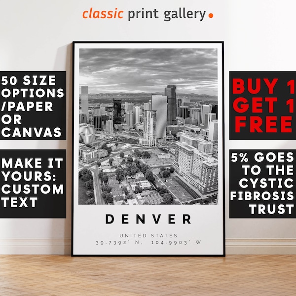 Denver Poster Black and White Print, Denver Wall Art, Denver Travel Poster Photo, Denver Map, Colorado State Poster, Colorado Print, 3364