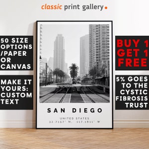 San Diego Poster Black and White Print, San Diego Wall Art, San Diego Travel Photo, San Diego Map, California Poster Print, 4238