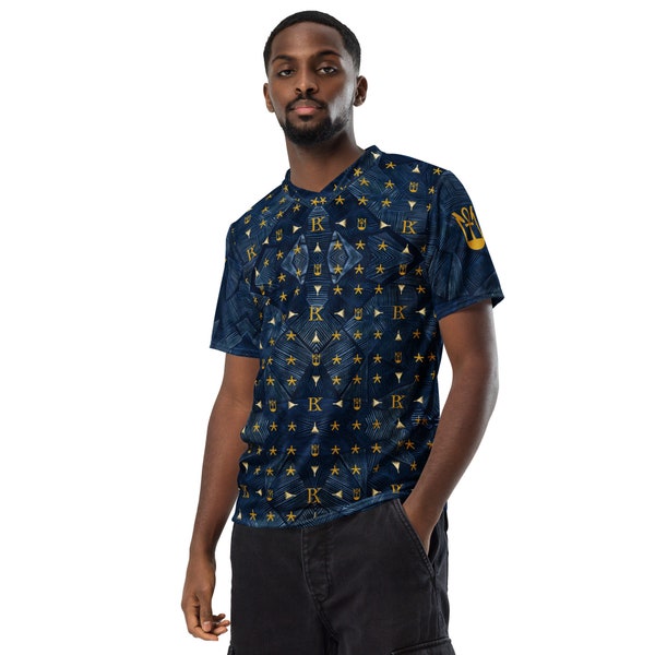 BRK Metu Print Unisex Sports Jersey: Indigo Blue with Ancient Egyptian Motifs