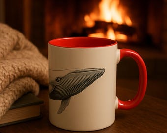 Humpback Whale Coffee Mug | Ocean Lover Accent Mug with Colored Handle | Minimalist Whale Illustration Ceramic Cup