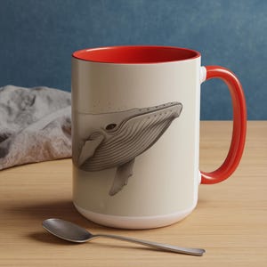 Whale Accent Coffee Mug: Ceramic Tea Cup with Colored Interior