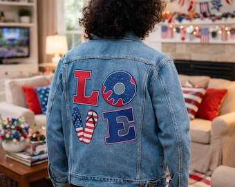 Patriotic LOVE Denim Jacket | Retro Lapel Jean Outerwear for Fall USA Pride