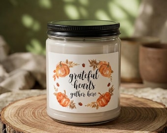 Grateful Hearts Gather Here Fall Candle | 9 oz Soy Candle | Pumpkin Thanksgiving Decor | Autumn Hostess Gift | Cozy Home Decor