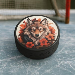 Rondelle de hockey loup avec motif floral rouge, cadeau personnalisé pour le jour du match, décoration hockey sur glace unique, esprit d&#39;équipe inspiré de la nature