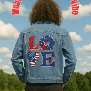 Patriotic LOVE Denim Jacket Mens Retro Lapel Jean Jacket with USA Flag Bold Lettering