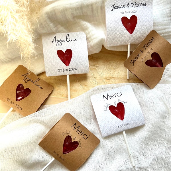 Piruleta de corazón personalizable regalo invitado bautismo, boda, cumpleaños, evento