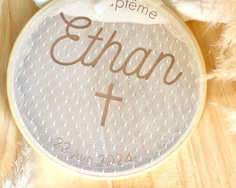 Personalized tambourine baptism souvenir gift in fabric for wall decoration circle embroidery