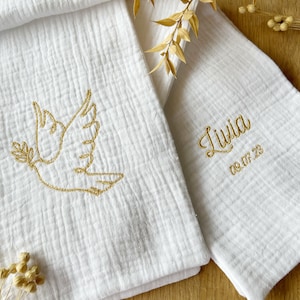 Personalized Baptism scarf in cotton gauze embroidery image 1