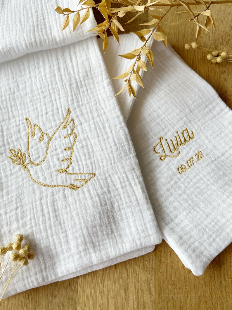 Personalized Baptism scarf in cotton gauze embroidery image 1