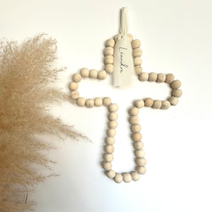 Regalo battesimo croce di perle di legno personalizzazione nastro nome souvenir croce cristiana