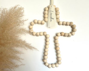 Baptism gift wooden bead cross personalization first name ribbon souvenir Christian cross