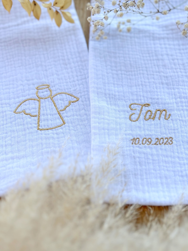 Personalized Baptism scarf in cotton gauze embroidery image 4