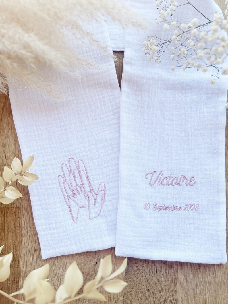 Personalized Baptism scarf in cotton gauze embroidery image 2