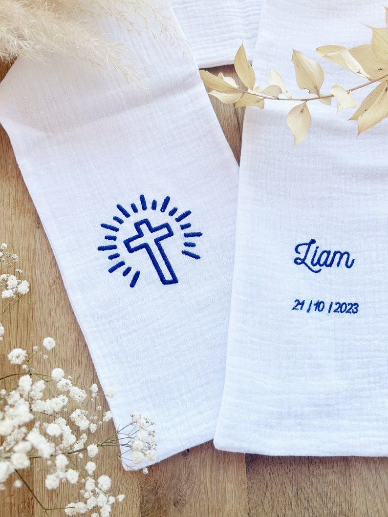 Personalized Baptism scarf in cotton gauze embroidery image 6