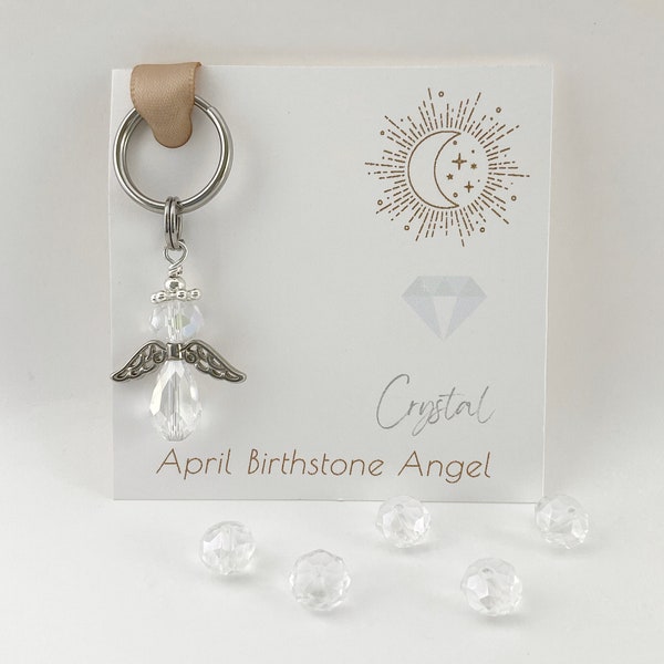 Porte-clés ange en cristal avec pierre de naissance d’avril, porte-clés en argent perlé de couleur cristal clair, cadeau d’anniversaire personnalisé