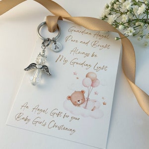 Baby Girl Christening Gift, Personalised Silver Angel Keychain with Initial disc, Baptism Present for Goddaughter, Granddaughter, Niece