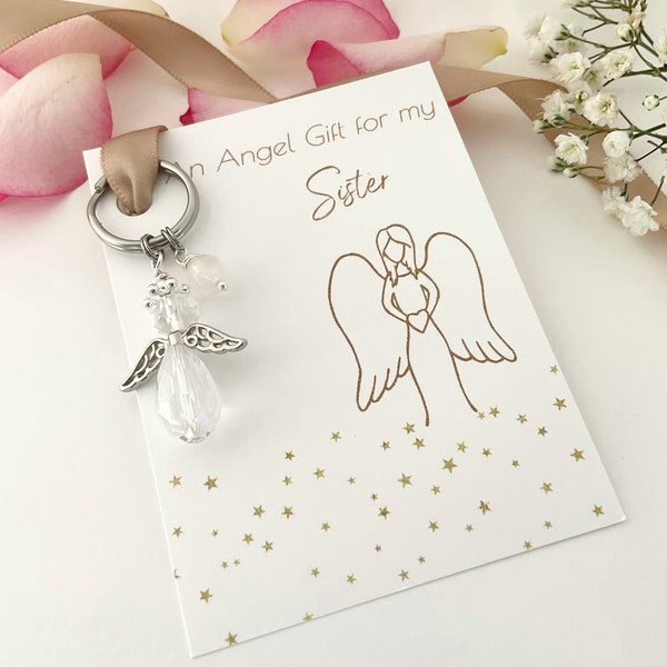 Cadeau de sœur ange, porte-clés ange perlé en argent avec breloque en cristal métaphysique de protection de guérison personnalisée