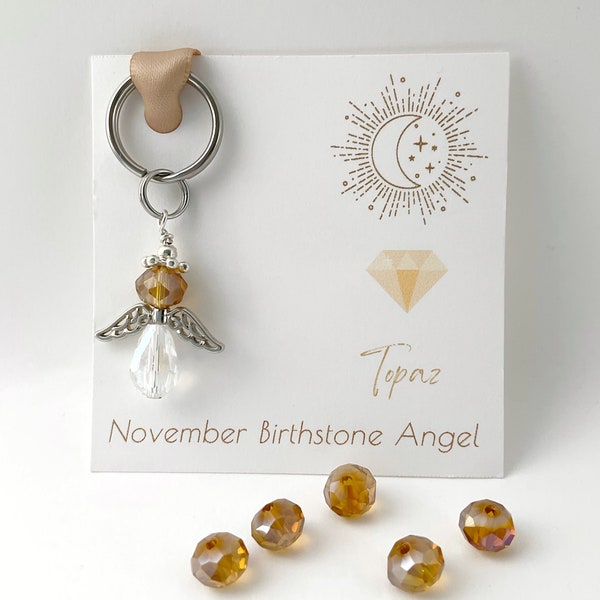 November Birthstone Crystal Angel Keychain, Golden Yellow Topaz Colour Beaded Silver Keyring, Personalised Birthday Gift