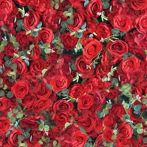 May include: A wall covered in red artificial roses and green eucalyptus leaves. The wall is decorated with the text "Dream Rose Studio" and the website addresses "DreamRoseStudio.Etsy.com" and "DreamRoseEvents.com".