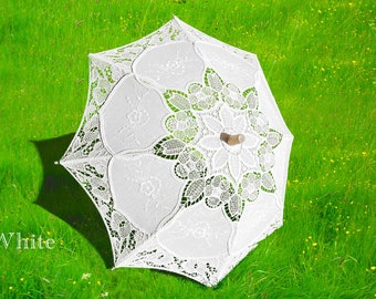 White / Beige Small Girls Victorian Lace Umbrella Parasol Handmade Detailed Cotton, Bamboo Handle, Wedding Gift, Decorations W-073