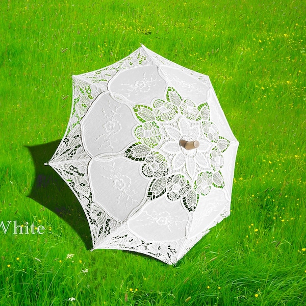 White / Beige Small Girls Victorian Lace Umbrella Parasol Handmade Detailed Cotton, Bamboo Handle, Wedding Gift, Decorations W-073