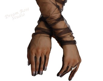 Opening Sale! White / Black Long Nylon Tulle Wedding Gloves Sheer Bridal Gloves Formal Woman Gloves for Events Parties, Prom Cosplay W-69