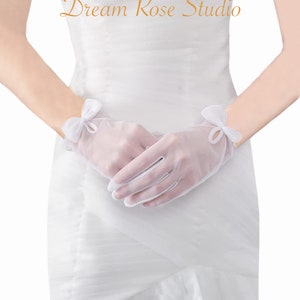 Opening Sale! White Elegant Formal Sheer Gloves with Ribbon, Wedding Bridal Gloves, Nylon Tulle Gloves for Formal Events, Party, W-78